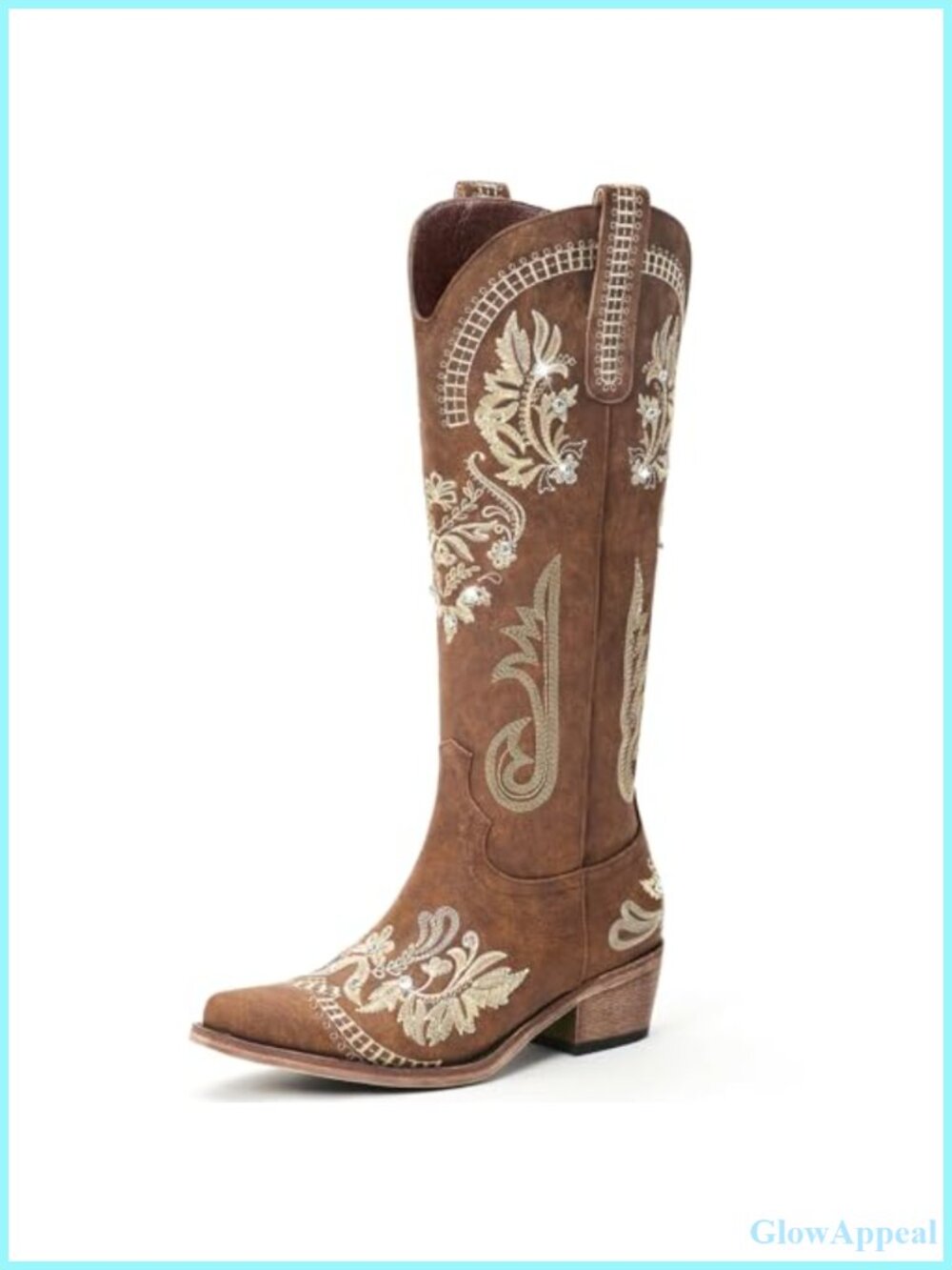 Knee High Western Cowgirl Boots with Rhinestone and Embroidered Details,